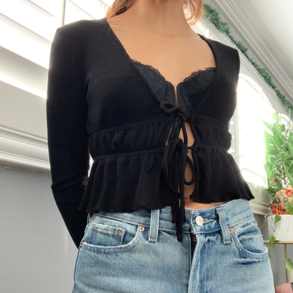 black ribbed cardigan with opening in front